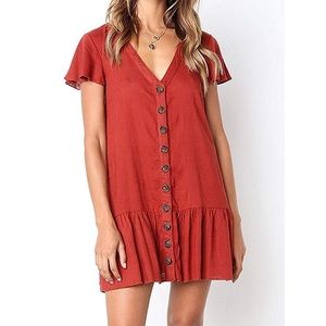 SOLD V Neck Button Down Ruffle Dress